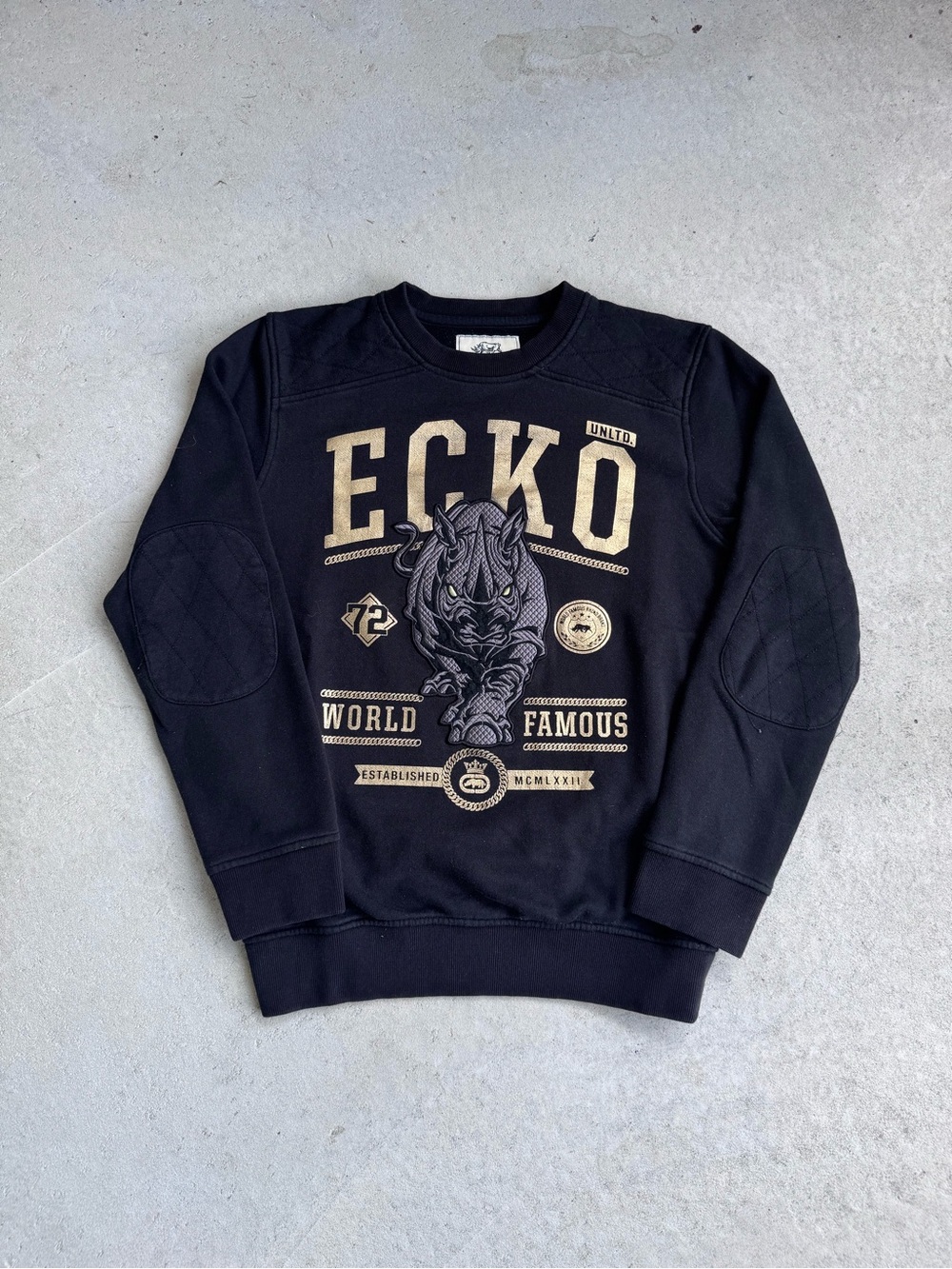 Ecko Unlimited Black Crewneck Sweatshirt with Gold Graphic Rhino